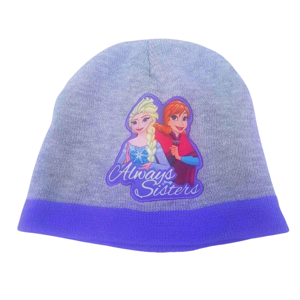 Disney Frozen Elsa Anna Always Sisters Beanie Hat‎ Gray Purple Kids Winter Cap